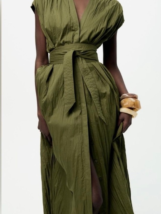 Zara Dresses & Skirts - Zara Olive Green Wrap-Style Maxi Dress with Waist Tie. Never worn.